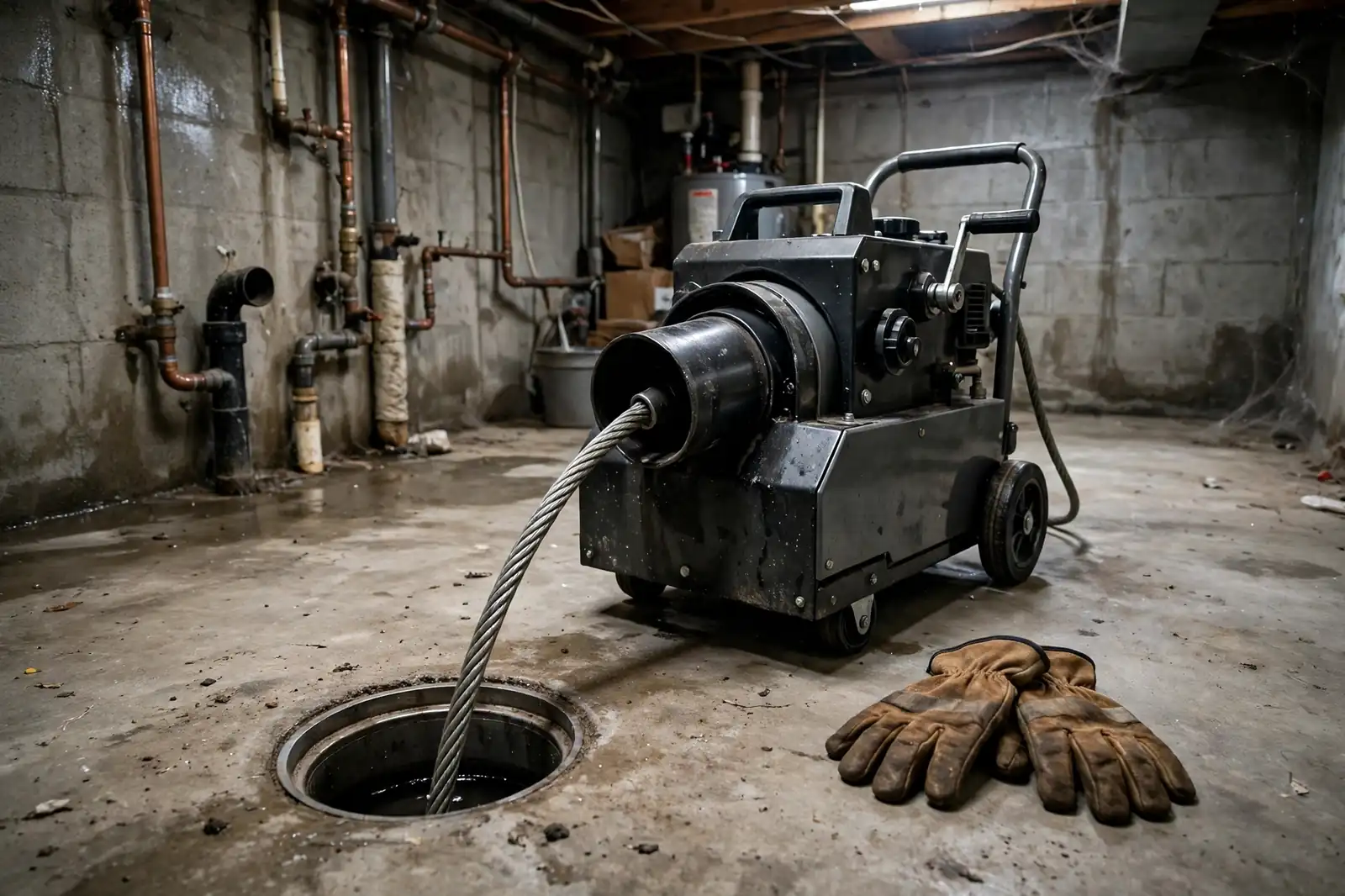 Professional drain cleaning equipment in use