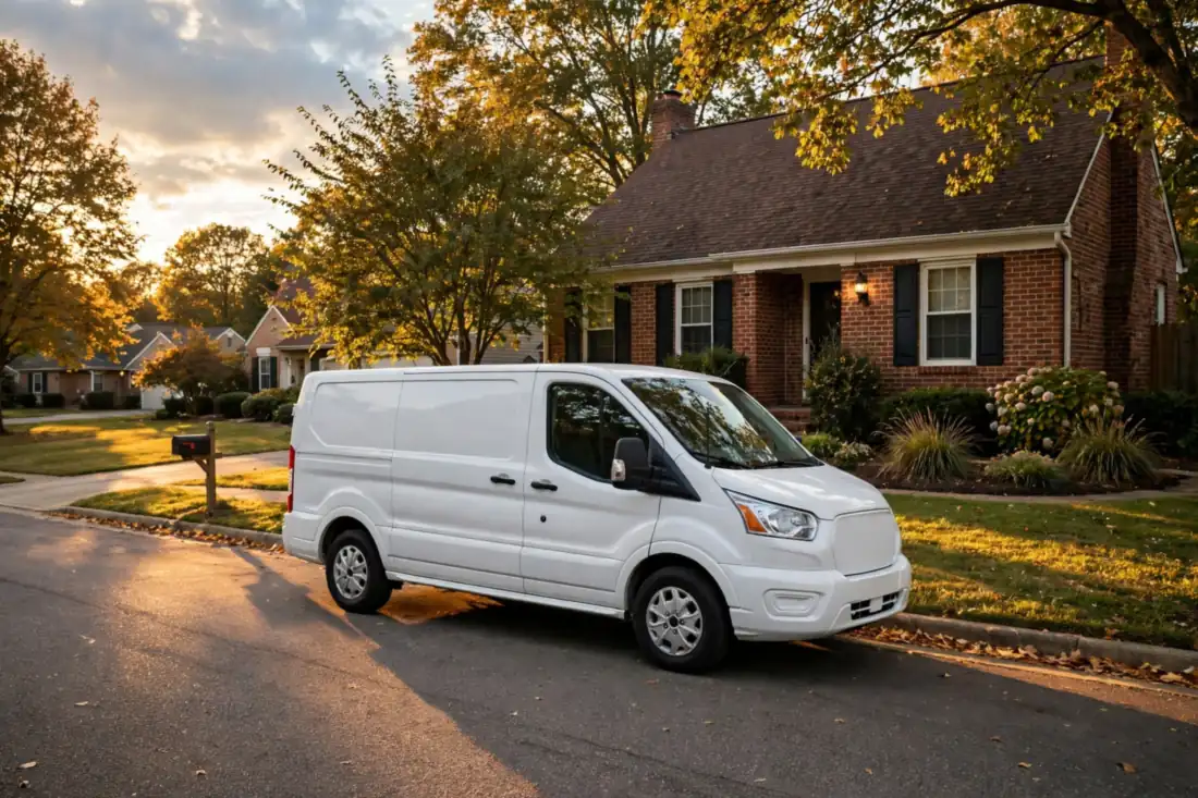 A local plumber's van on a residential street