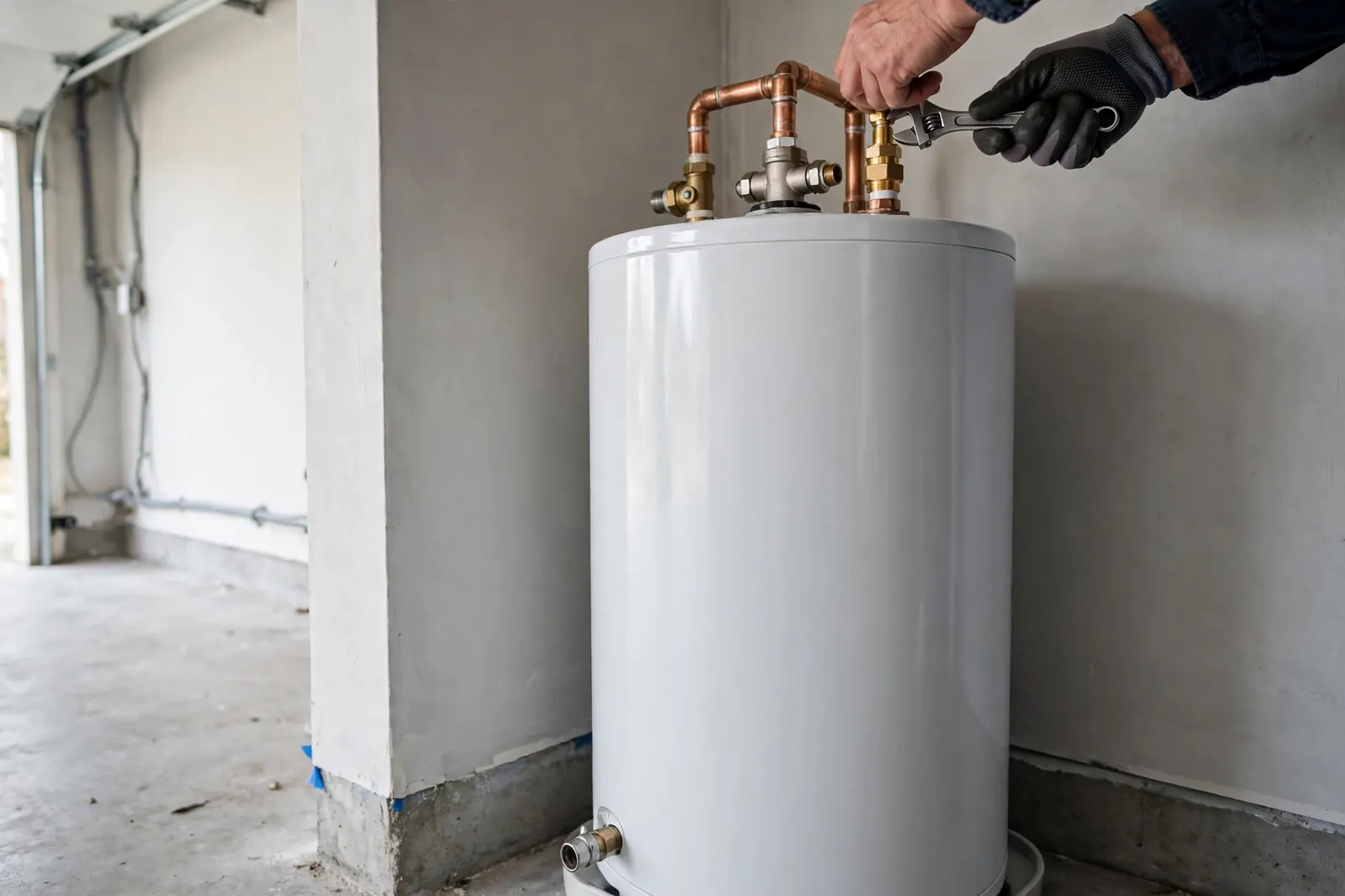 Water heater being installed in a garage